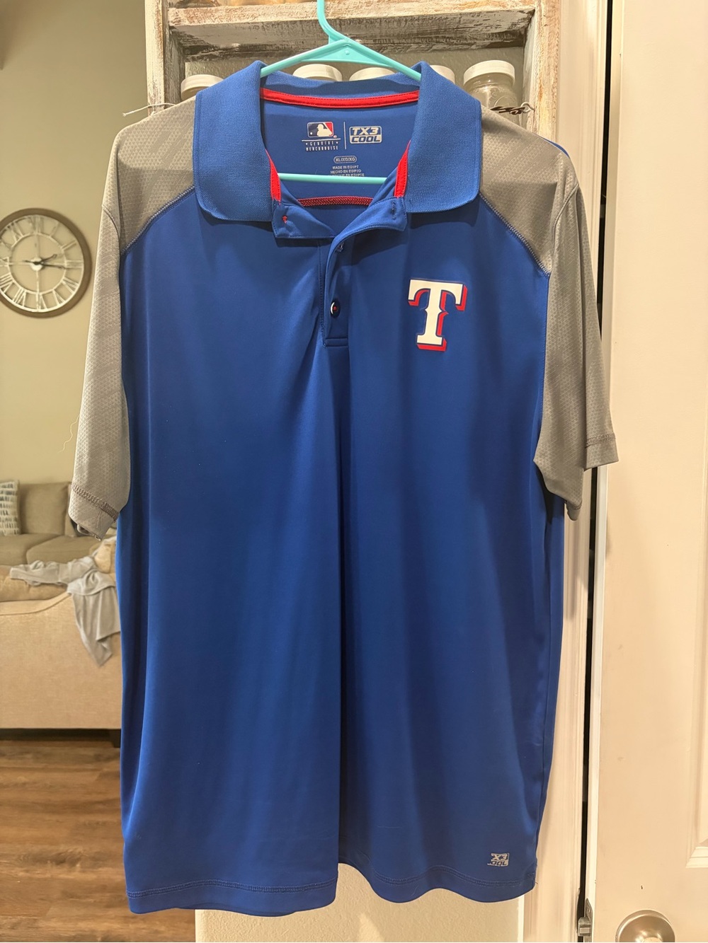 MLB Texas Rangers Blue Polo with Gray Sleeves and Red Trim